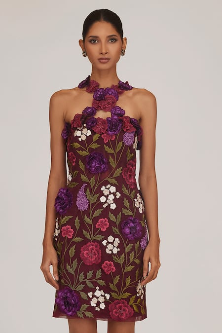 Shriya Som Purple Tulle Fabric Flowers Halter Neck Floral Embroidered Bodycon Dress Online at Aza Fashions Shriya Som_Purple Tulle Fabric Flowers Halter Neck Floral Embroidered Bodycon Dress _Online_at_Aza_Fashions