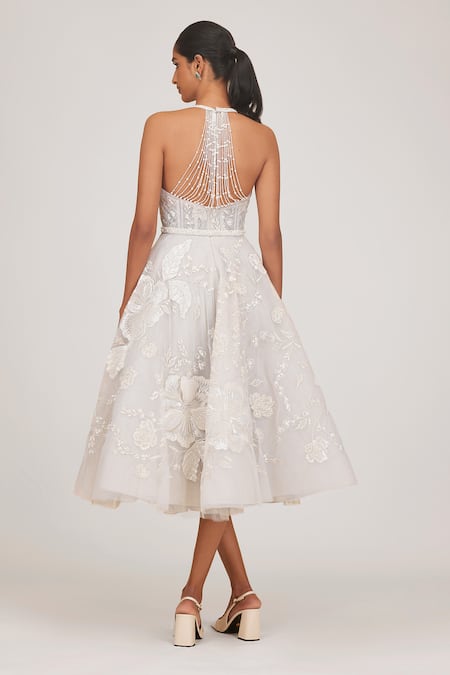 Shop Shriya Som Ivory Tulle Sequins, Beads, Embroidery Halter Neck Hand Midi Dress With Belt at Aza Fashions Shop_Shriya Som_Ivory Tulle Sequins, Beads, Embroidery Halter Neck Hand Midi Dress With Belt _at_Aza_Fashions