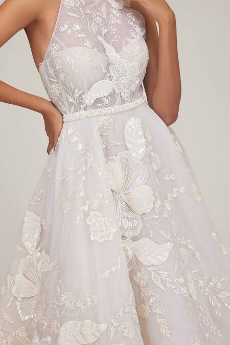 Shriya Som Ivory Tulle Sequins, Beads, Embroidery Halter Neck Hand Midi Dress With Belt Online at Aza Fashions Shriya Som_Ivory Tulle Sequins, Beads, Embroidery Halter Neck Hand Midi Dress With Belt _Online_at_Aza_Fashions