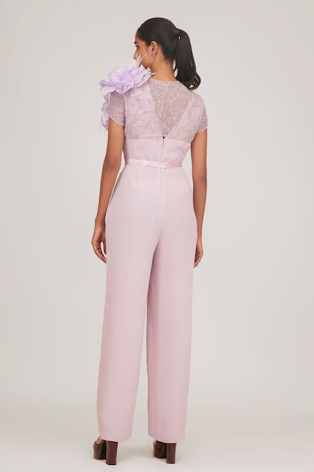 Shop Shriya Som Purple Tulle Embroidery V-neck Hand Bolero Jumpsuit at Aza Fashions Shop_Shriya Som_Purple Tulle Embroidery V-neck Hand Bolero Jumpsuit _at_Aza_Fashions