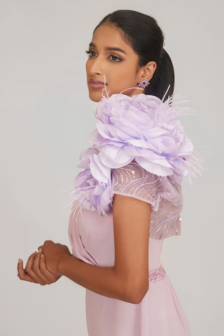 Shriya Som Purple Tulle Embroidery V-neck Hand Bolero Jumpsuit Online at Aza Fashions Shriya Som_Purple Tulle Embroidery V-neck Hand Bolero Jumpsuit _Online_at_Aza_Fashions