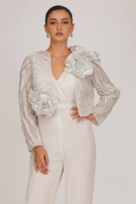 Shriya Som Ivory Georgette Beads, Applique, Feathers V-neck V Solid Jumpsuit With Belt Online at Aza Fashions Shriya Som_Ivory Georgette Beads, Applique, Feathers V-neck V Solid Jumpsuit With Belt _Online_at_Aza_Fashions