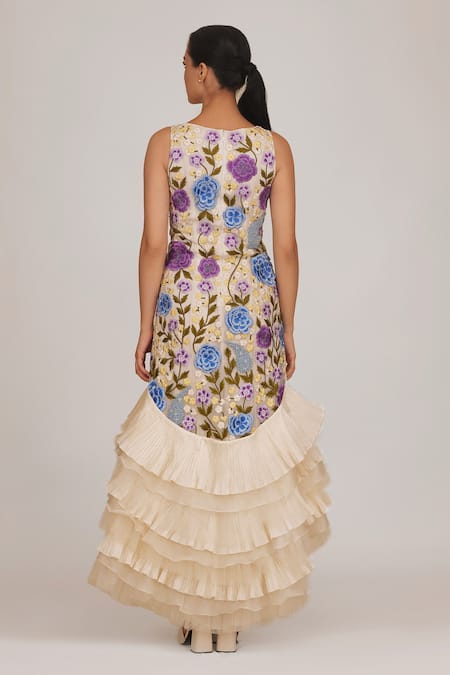 Shop Shriya Som Ivory Tulle, Taffeta Embroidery V-neck Floral Hand Dress at Aza Fashions Shop_Shriya Som_Ivory Tulle, Taffeta Embroidery V-neck Floral Hand Dress _at_Aza_Fashions