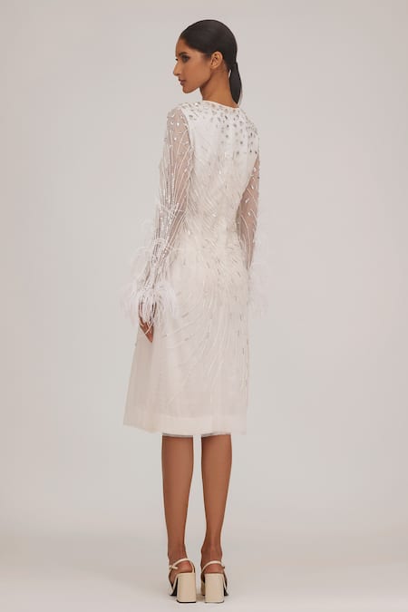 Shop Shriya Som Ivory Tulle Feathers, Beads High Neck And Embroidered Midi Dress at Aza Fashions Shop_Shriya Som_Ivory Tulle Feathers, Beads High Neck And Embroidered Midi Dress _at_Aza_Fashions