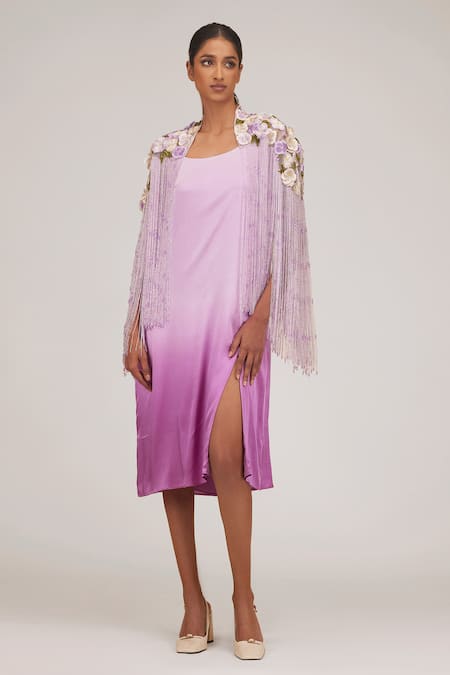 SHRIYA SOM Purple Tulle Hand Embroidered Floral Dress Round Solid With Cape 