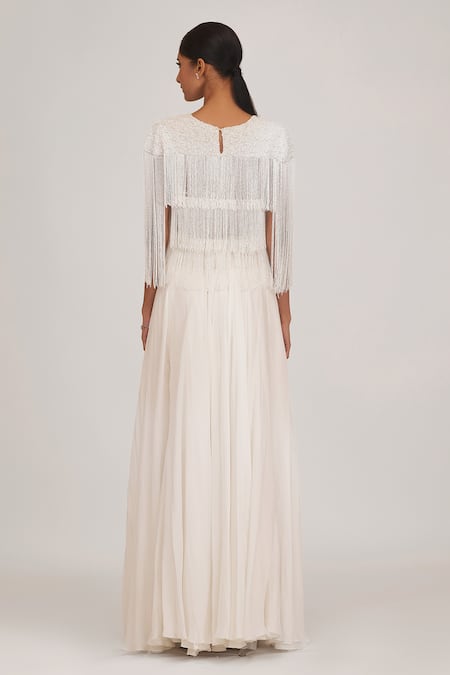 Shop Shriya Som Ivory Chiffon Embroidery Hand Cape And Skirt Set at Aza Fashions Shop_Shriya Som_Ivory Chiffon Embroidery Hand Cape And Skirt Set _at_Aza_Fashions