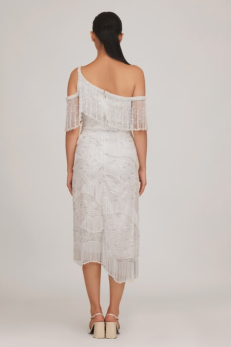 Shop Shriya Som Ivory Tulle Beads One Shoulder Hand Embroidered Midi Dress at Aza Fashions Shop_Shriya Som_Ivory Tulle Beads One Shoulder Hand Embroidered Midi Dress _at_Aza_Fashions