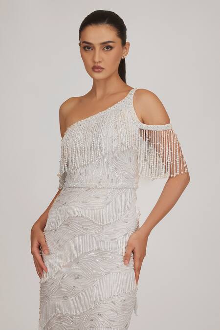 Shriya Som Ivory Tulle Beads One Shoulder Hand Embroidered Midi Dress Online at Aza Fashions Shriya Som_Ivory Tulle Beads One Shoulder Hand Embroidered Midi Dress _Online_at_Aza_Fashions