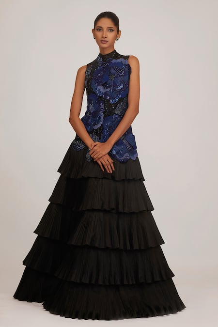 SHRIYA SOM Blue Tulle Hand Embroidered Floral High Neck Gown 