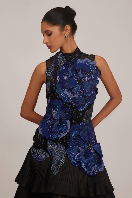 Shriya Som Blue Tulle, Taffeta Embroidery High Neck Hand Gown Online at Aza Fashions Shriya Som_Blue Tulle, Taffeta Embroidery High Neck Hand Gown _Online_at_Aza_Fashions