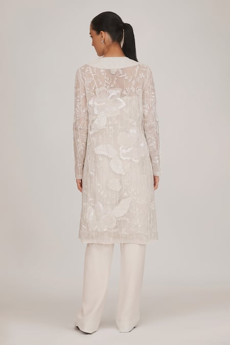 Shop Shriya Som Ivory Organza, Crepe Embroidery Shawl Neck, Bandeau Hand Long Jacket Pant Set at Aza Fashions Shop_Shriya Som_Ivory Organza, Crepe Embroidery Shawl Neck, Bandeau Hand Long Jacket Pant Set _at_Aza_Fashions