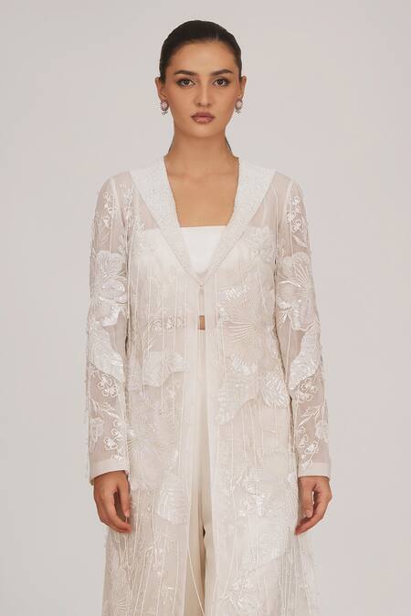 Shriya Som Ivory Organza, Crepe Embroidery Shawl Neck, Bandeau Hand Long Jacket Pant Set Online at Aza Fashions Shriya Som_Ivory Organza, Crepe Embroidery Shawl Neck, Bandeau Hand Long Jacket Pant Set _Online_at_Aza_Fashions