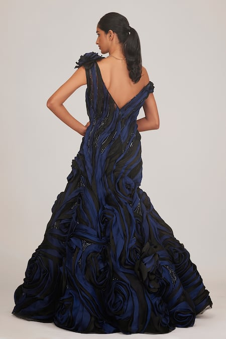 Shop Shriya Som Blue Organza, Taffeta Beads, Applique V-neck Floral Hand Embroidered Gown at Aza Fashions Shop_Shriya Som_Blue Organza, Taffeta Beads, Applique V-neck Floral Hand Embroidered Gown _at_Aza_Fashions