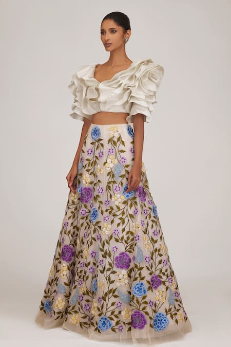 SHRIYA SOM Ivory Tulle Hand Embroidered Floral V Neck Draped Top And Skirt Set 