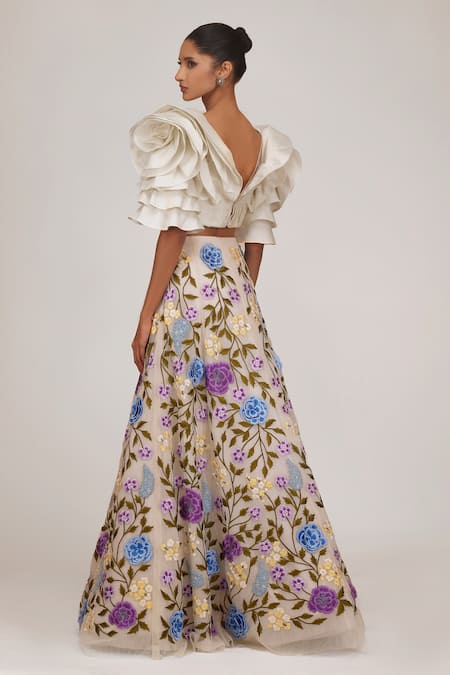 Shop Shriya Som Ivory Tulle Embroidery V-neck Draped Top And Skirt Set at Aza Fashions Shop_Shriya Som_Ivory Tulle Embroidery V-neck Draped Top And Skirt Set _at_Aza_Fashions