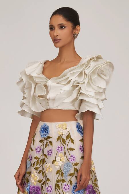 Shriya Som Ivory Tulle Embroidery V-neck Draped Top And Skirt Set Online at Aza Fashions Shriya Som_Ivory Tulle Embroidery V-neck Draped Top And Skirt Set _Online_at_Aza_Fashions