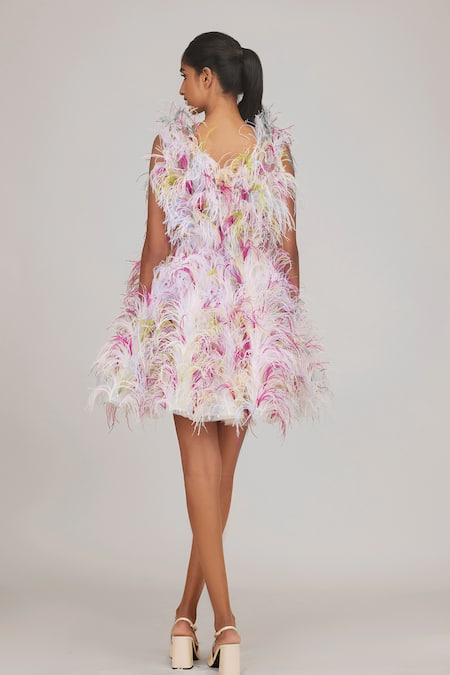 Shop Shriya Som Multi Color Tulle Feathers V-neck Hand Embroidered Dress With Belt at Aza Fashions Shop_Shriya Som_Multi Color Tulle Feathers V-neck Hand Embroidered Dress With Belt _at_Aza_Fashions