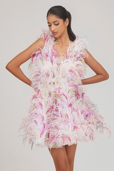Shriya Som Multi Color Tulle Feathers V-neck Hand Embroidered Dress With Belt Online at Aza Fashions Shriya Som_Multi Color Tulle Feathers V-neck Hand Embroidered Dress With Belt _Online_at_Aza_Fashions