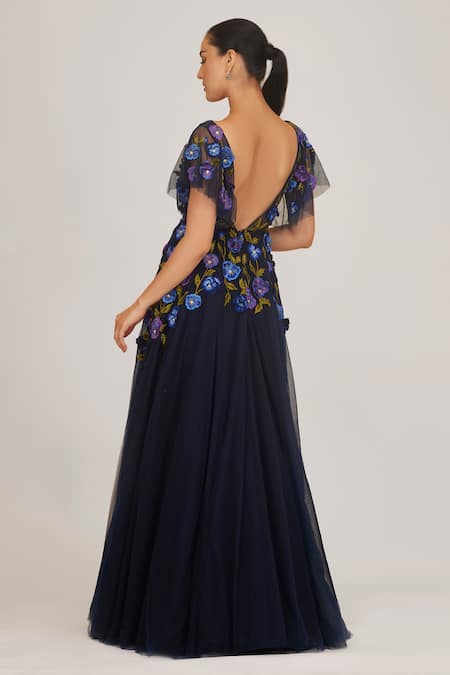 Shop Shriya Som Blue Tulle Embroidery Round Neck Floral Hand Gown at Aza Fashions Shop_Shriya Som_Blue Tulle Embroidery Round Neck Floral Hand Gown _at_Aza_Fashions