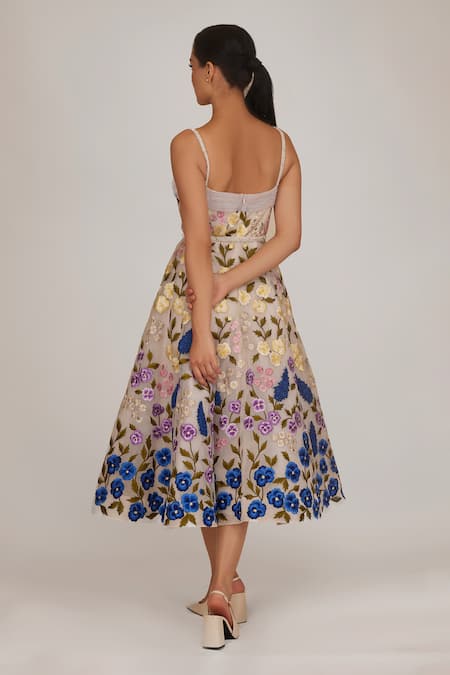 Shop Shriya Som Ivory Tulle Embroidery Square Neck Floral Hand Dress With Belt at Aza Fashions Shop_Shriya Som_Ivory Tulle Embroidery Square Neck Floral Hand Dress With Belt _at_Aza_Fashions