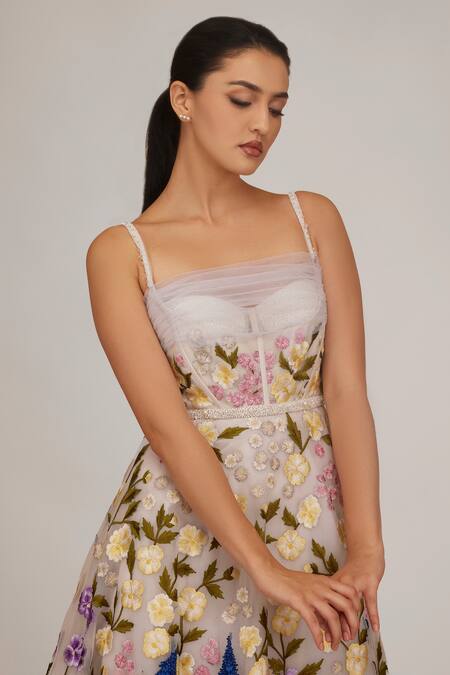 Shriya Som Ivory Tulle Embroidery Square Neck Floral Hand Dress With Belt Online at Aza Fashions Shriya Som_Ivory Tulle Embroidery Square Neck Floral Hand Dress With Belt _Online_at_Aza_Fashions