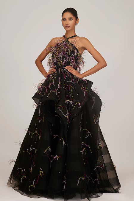 SHRIYA SOM Black Tulle Hand Embroidered Feather Halter Gown With Belt 