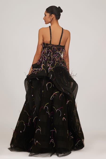 Shop Shriya Som Black Tulle Feathers, Crystals Halter Neck Hand Embroidered Gown With Belt at Aza Fashions Shop_Shriya Som_Black Tulle Feathers, Crystals Halter Neck Hand Embroidered Gown With Belt _at_Aza_Fashions