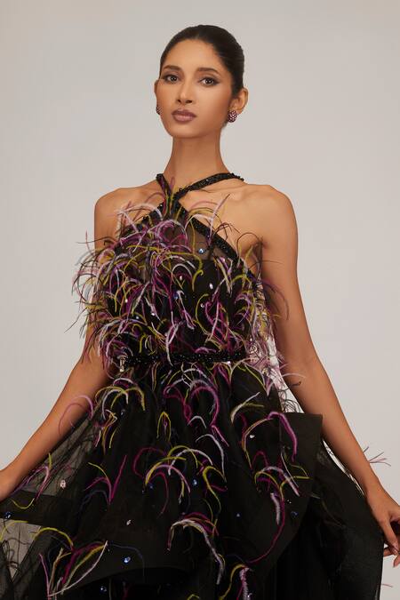 Shriya Som Black Tulle Feathers, Crystals Halter Neck Hand Embroidered Gown With Belt Online at Aza Fashions Shriya Som_Black Tulle Feathers, Crystals Halter Neck Hand Embroidered Gown With Belt _Online_at_Aza_Fashions