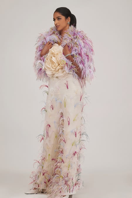 SHRIYA SOM Multi Color Tulle Embellished Feather Pant 