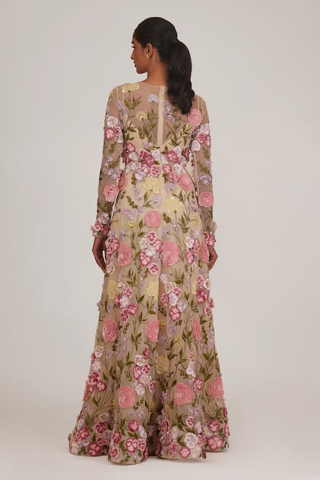 Shop_Shriya Som_Ivory Tulle Embroidery, Pearls, Applique Round Neck 3-d Floral Embellished Gown _at_Aza_Fashions