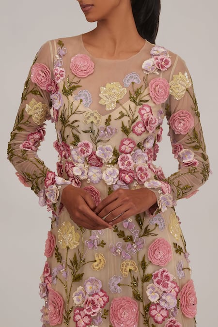 Shriya Som_Ivory Tulle Embroidery, Pearls, Applique Round Neck 3-d Floral Embellished Gown _Online_at_Aza_Fashions