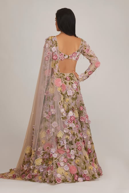 Shop Shriya Som Ivory Tulle Embroidery, 3-d Floral Applique Embellished Bridal Lehenga Set at Aza Fashions Shop_Shriya Som_Ivory Tulle Embroidery, 3-d Floral Applique Embellished Bridal Lehenga Set _at_Aza_Fashions