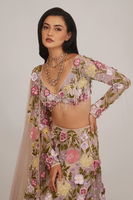 Shriya Som Ivory Tulle Embroidery, 3-d Floral Applique Embellished Bridal Lehenga Set Online at Aza Fashions Shriya Som_Ivory Tulle Embroidery, 3-d Floral Applique Embellished Bridal Lehenga Set _Online_at_Aza_Fashions