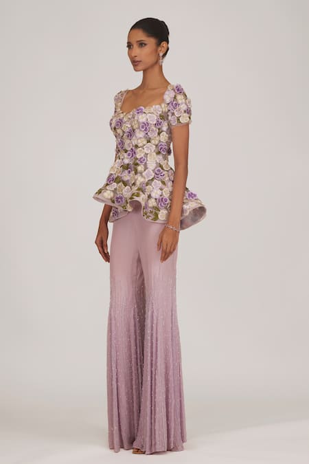 SHRIYA SOM Purple Tulle Embellished 3-d Pansy Peplum Top With Flared Pant 