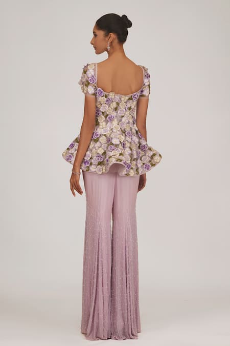 Shop Shriya Som Purple Tulle, Georgette Pansy 3-d Embellished Peplum Top With Flared Pant at Aza Fashions Shop_Shriya Som_Purple Tulle, Georgette Pansy 3-d Embellished Peplum Top With Flared Pant _at_Aza_Fashions