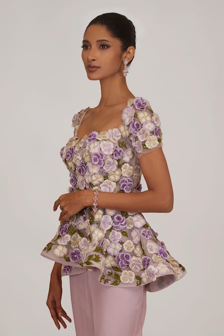 Shriya Som Purple Tulle, Georgette Pansy 3-d Embellished Peplum Top With Flared Pant Online at Aza Fashions Shriya Som_Purple Tulle, Georgette Pansy 3-d Embellished Peplum Top With Flared Pant _Online_at_Aza_Fashions