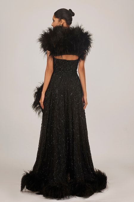 Shop_Shriya Som_Black Tulle Embellished Feather Open Mini Bolero  _at_Aza_Fashions