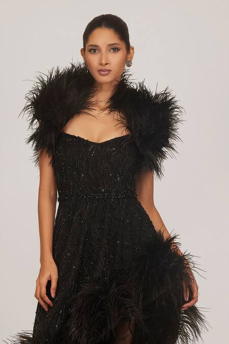 Shriya Som_Black Tulle Embellished Feather Open Mini Bolero  _Online_at_Aza_Fashions
