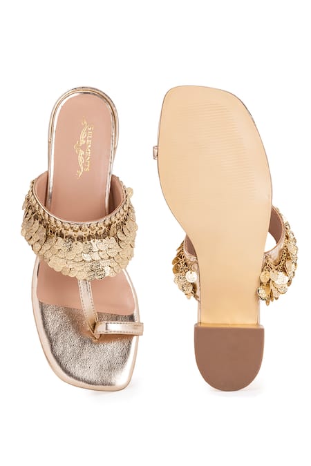 Shop 5elements Gold Beads Aurora Coin Embellished Kolhapuri Heels at Aza Fashions Shop_5elements_Gold Beads Aurora Coin Embellished Kolhapuri Heels _at_Aza_Fashions