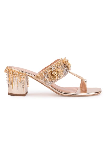 Shop 5elements Gold Sequin Chandra Embellished Kolhapuri Heels Online at Aza Fashions Shop_5elements_Gold Sequin Chandra Embellished Kolhapuri Heels _Online_at_Aza_Fashions