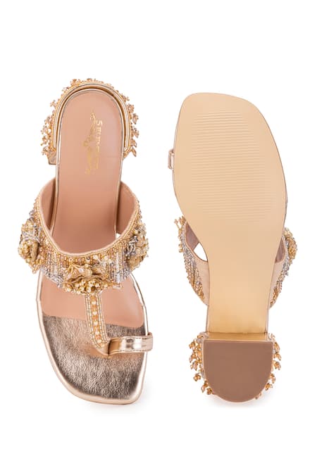 Shop 5elements Gold Sequin Chandra Embellished Kolhapuri Heels at Aza Fashions Shop_5elements_Gold Sequin Chandra Embellished Kolhapuri Heels _at_Aza_Fashions