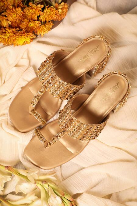 Shop 5elements Gold Bead Jason Cutdana And Embellished Kolhapuri Heels at Aza Fashions Shop_5elements_Gold Bead Jason Cutdana And Embellished Kolhapuri Heels _at_Aza_Fashions