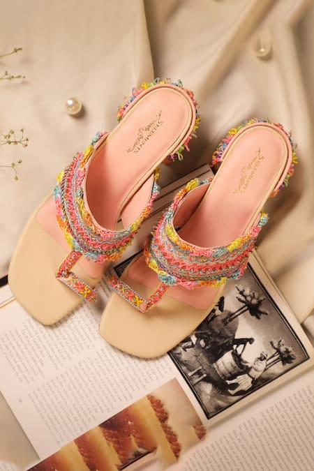 5Elements Peach Stone Orion Embellished Kolhapuri Heels 