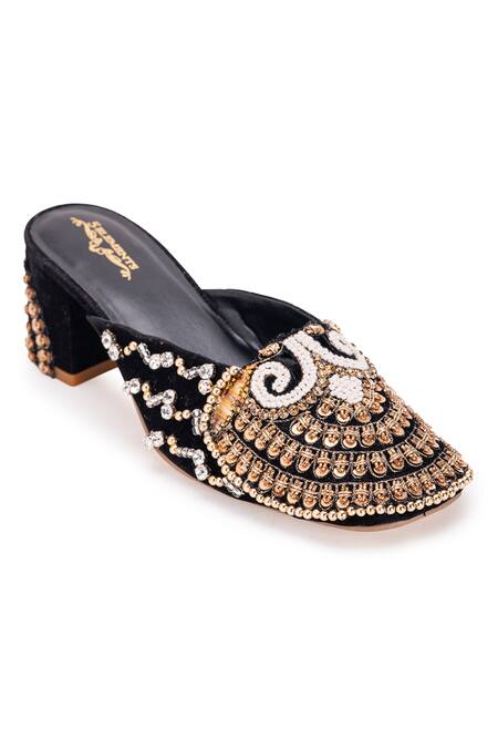 Shop 5elements Black Dabka Raven And Kasab Work Mule Heels Online at Aza Fashions Shop_5elements_Black Dabka Raven And Kasab Work Mule Heels _Online_at_Aza_Fashions