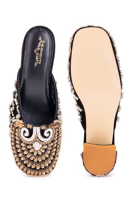 Shop 5elements Black Dabka Raven And Kasab Work Mule Heels Shop_5elements_Black Dabka Raven And Kasab Work Mule Heels