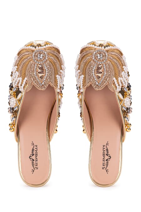 5elements Gold Dabka Lotus Motif Embellished Mule Heels Online at Aza Fashions 5elements_Gold Dabka Lotus Motif Embellished Mule Heels _Online_at_Aza_Fashions