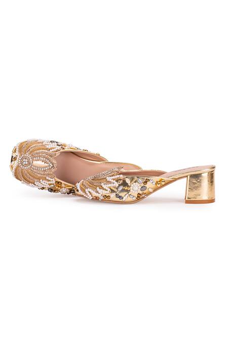 Buy 5elements Gold Dabka Lotus Motif Embellished Mule Heels Online at Aza Fashions Buy_5elements_Gold Dabka Lotus Motif Embellished Mule Heels _Online_at_Aza_Fashions