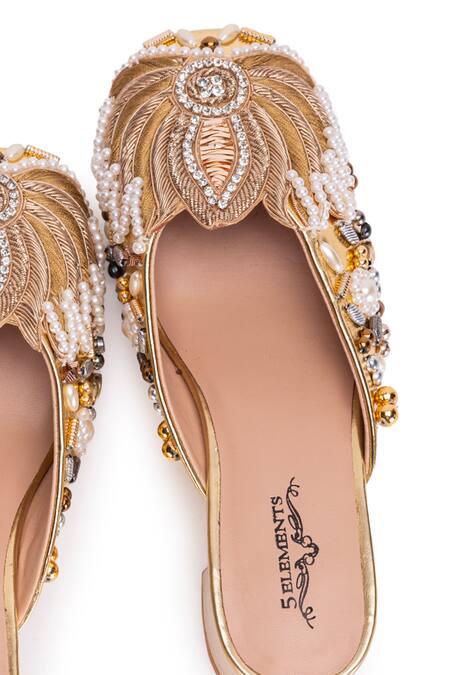 Shop 5elements Gold Dabka Lotus Motif Embellished Mule Heels Online at Aza Fashions Shop_5elements_Gold Dabka Lotus Motif Embellished Mule Heels _Online_at_Aza_Fashions