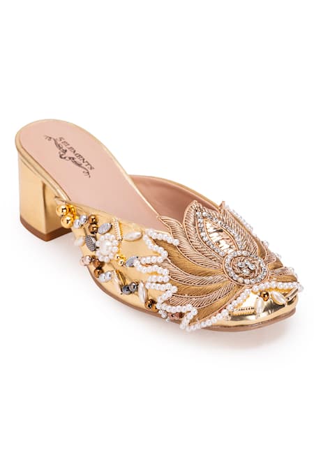 5elements Gold Dabka Lotus Motif Embellished Mule Heels at Aza Fashions 5elements_Gold Dabka Lotus Motif Embellished Mule Heels _at_Aza_Fashions