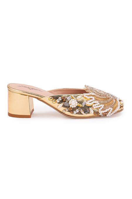 Buy 5elements Gold Dabka Lotus Motif Embellished Mule Heels Buy_5elements_Gold Dabka Lotus Motif Embellished Mule Heels